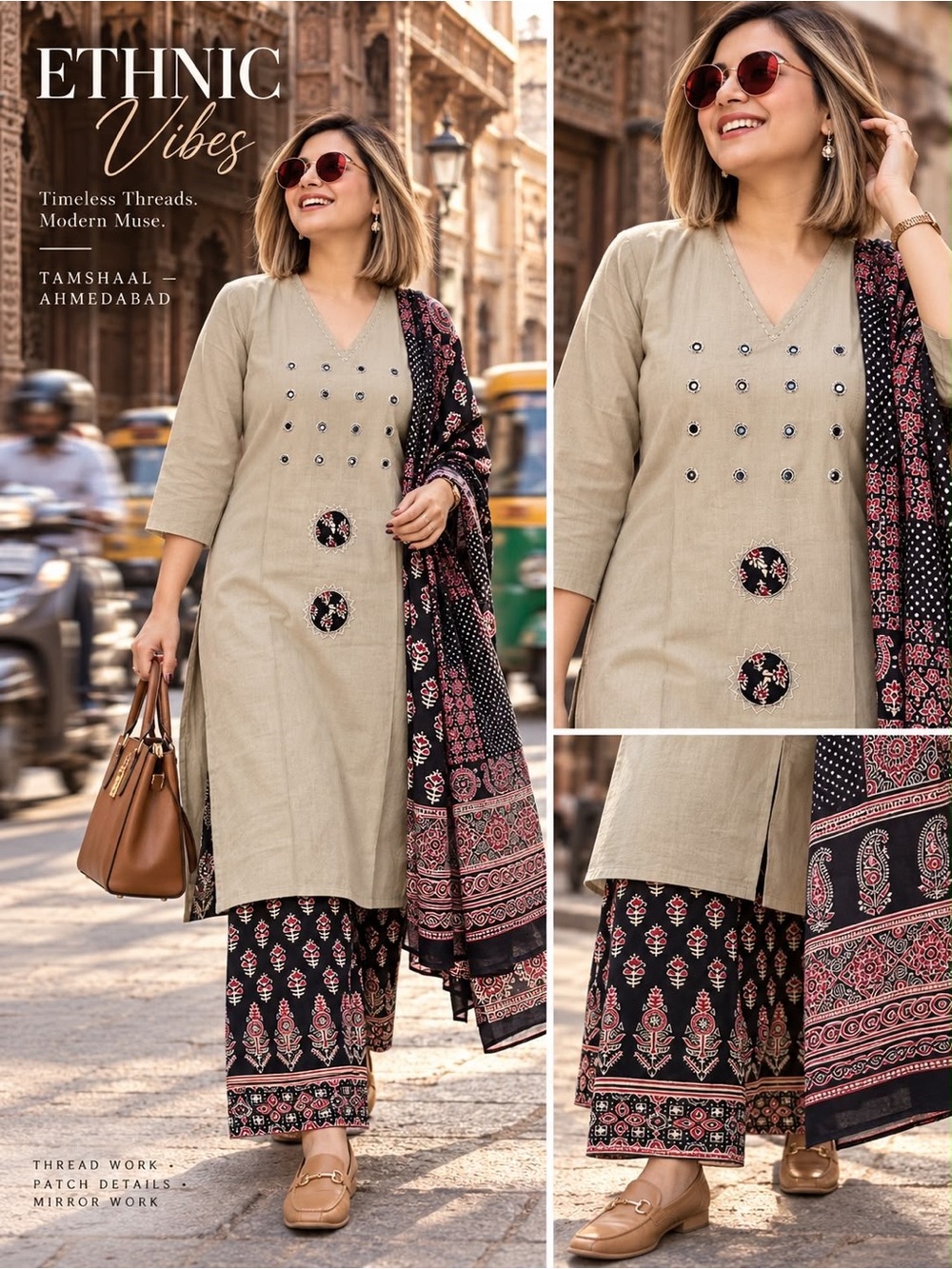 Tamshaai Beige Kurta Set with Ajrakh Printed Palazzos and dupatta.